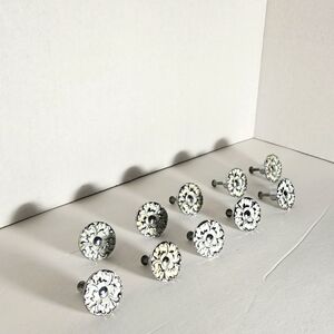 Set of 10 Vintage Scroll White & Silver Flower Cabinet Knobs